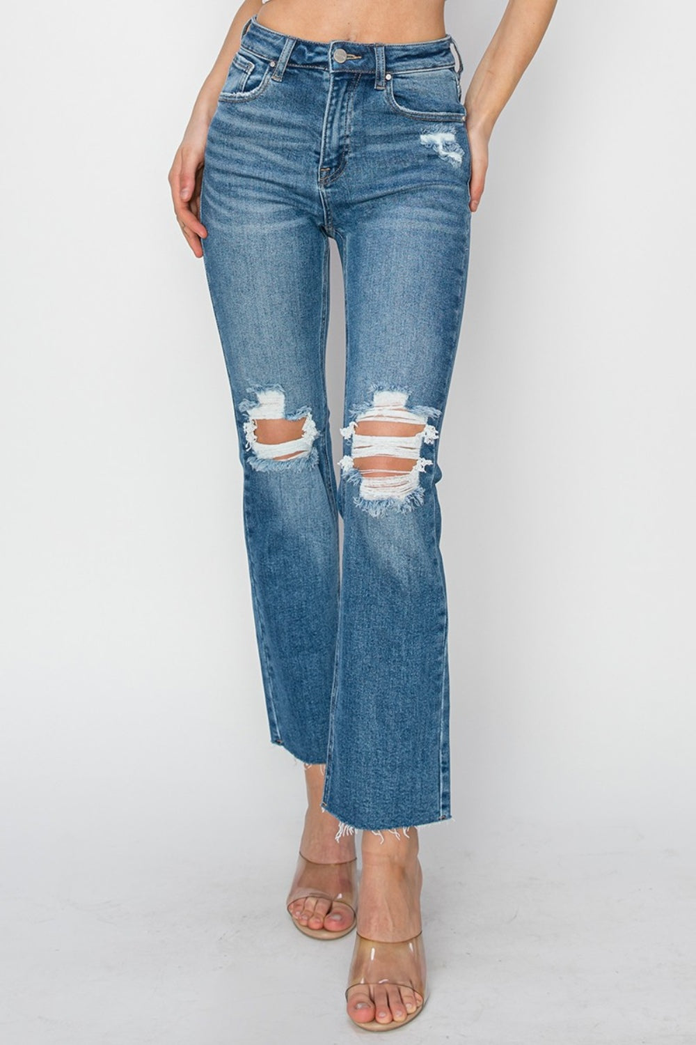 RISEN High Rise Distressed Ankle Jeans - The Goddess Galleries