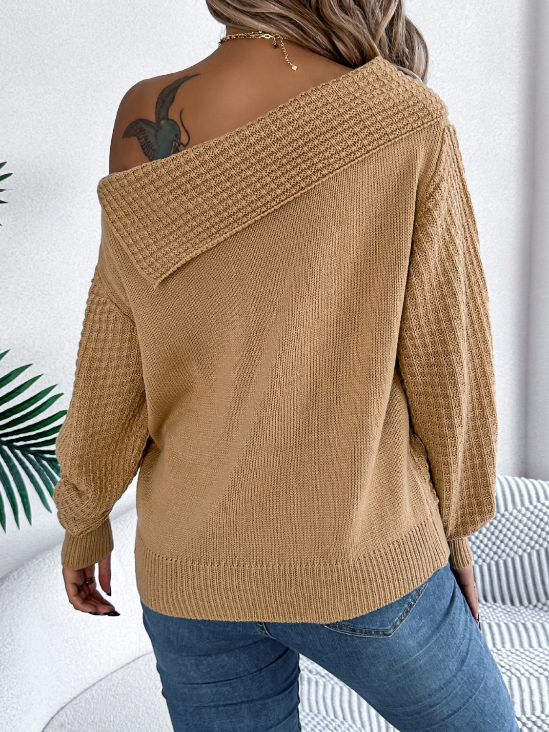 Cable-Knit One Shoulder Long Sleeve Sweater - The Goddess Galleries