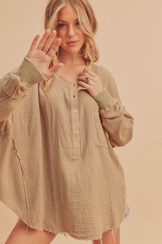 Aemi + Co Exposed Seam Raw Hem Half Button Top - The Goddess Galleries