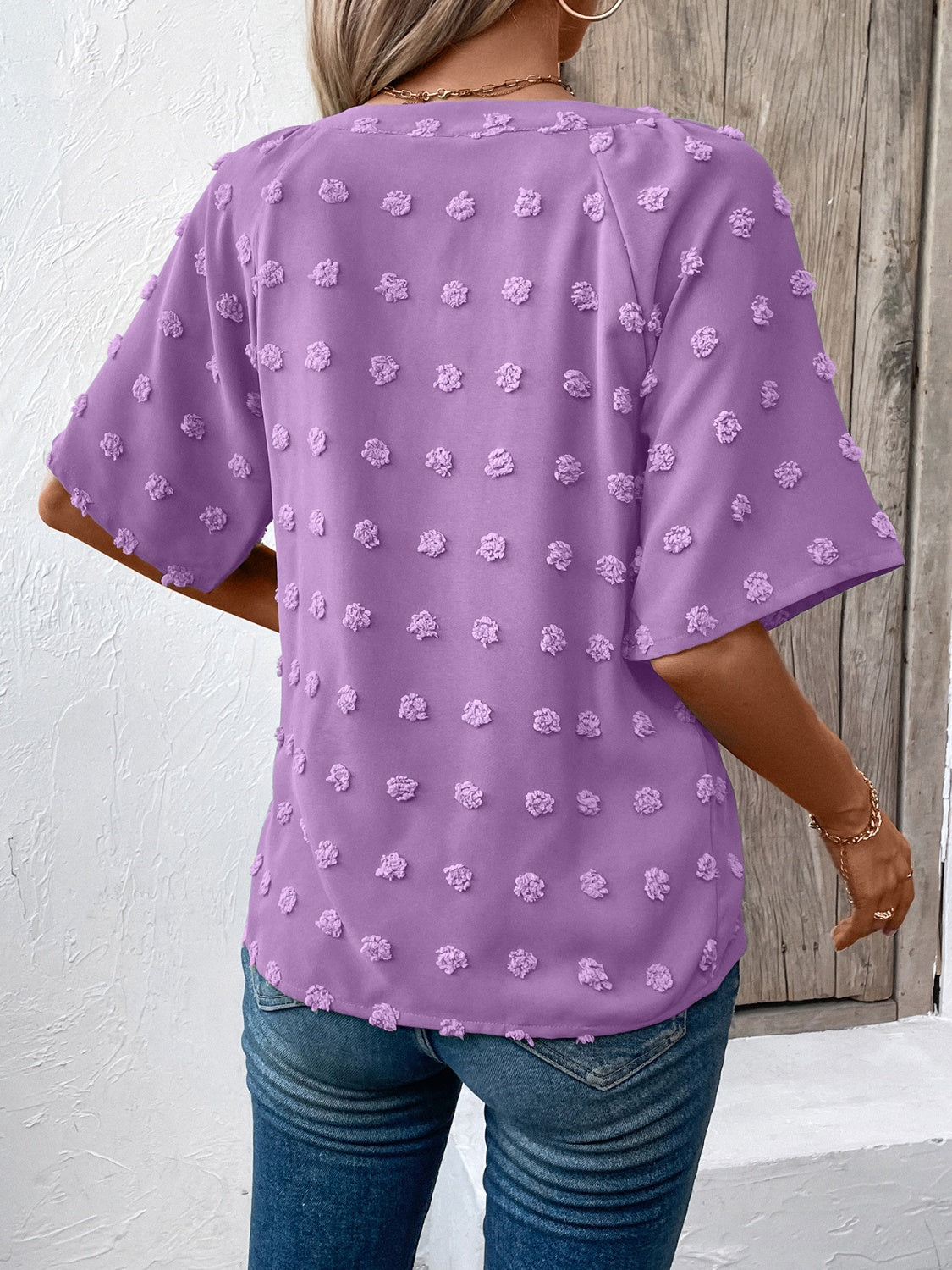 Ivy Lane Swiss Dot Notched Half Sleeve Blouse - The Goddess Galleries