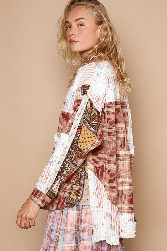 POL Crochet Plaid Patchwork Button Up Shirt - The Goddess Galleries
