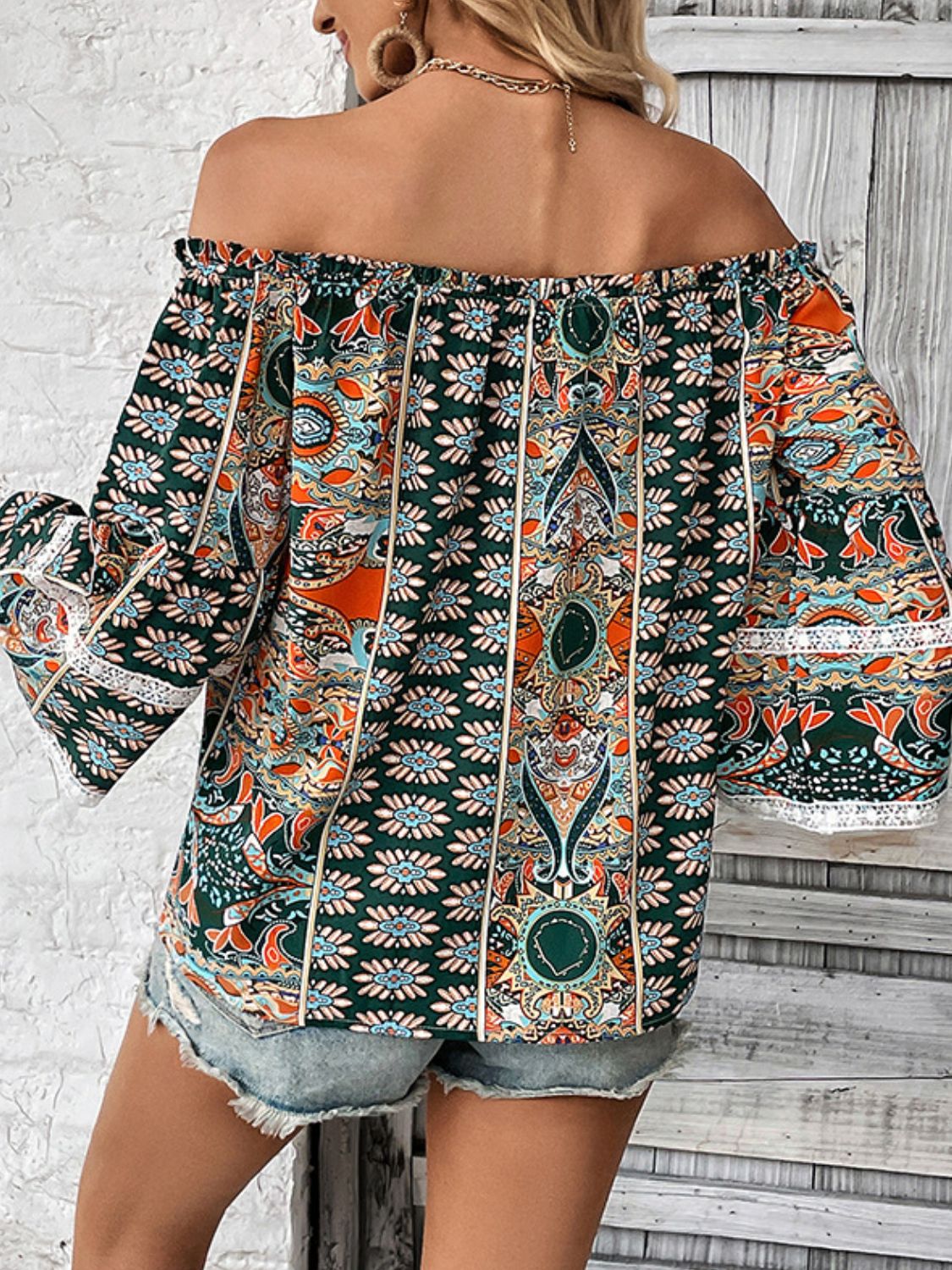 Perfee Printed Frill Trim Off-Shoulder Blouse - The Goddess Galleries