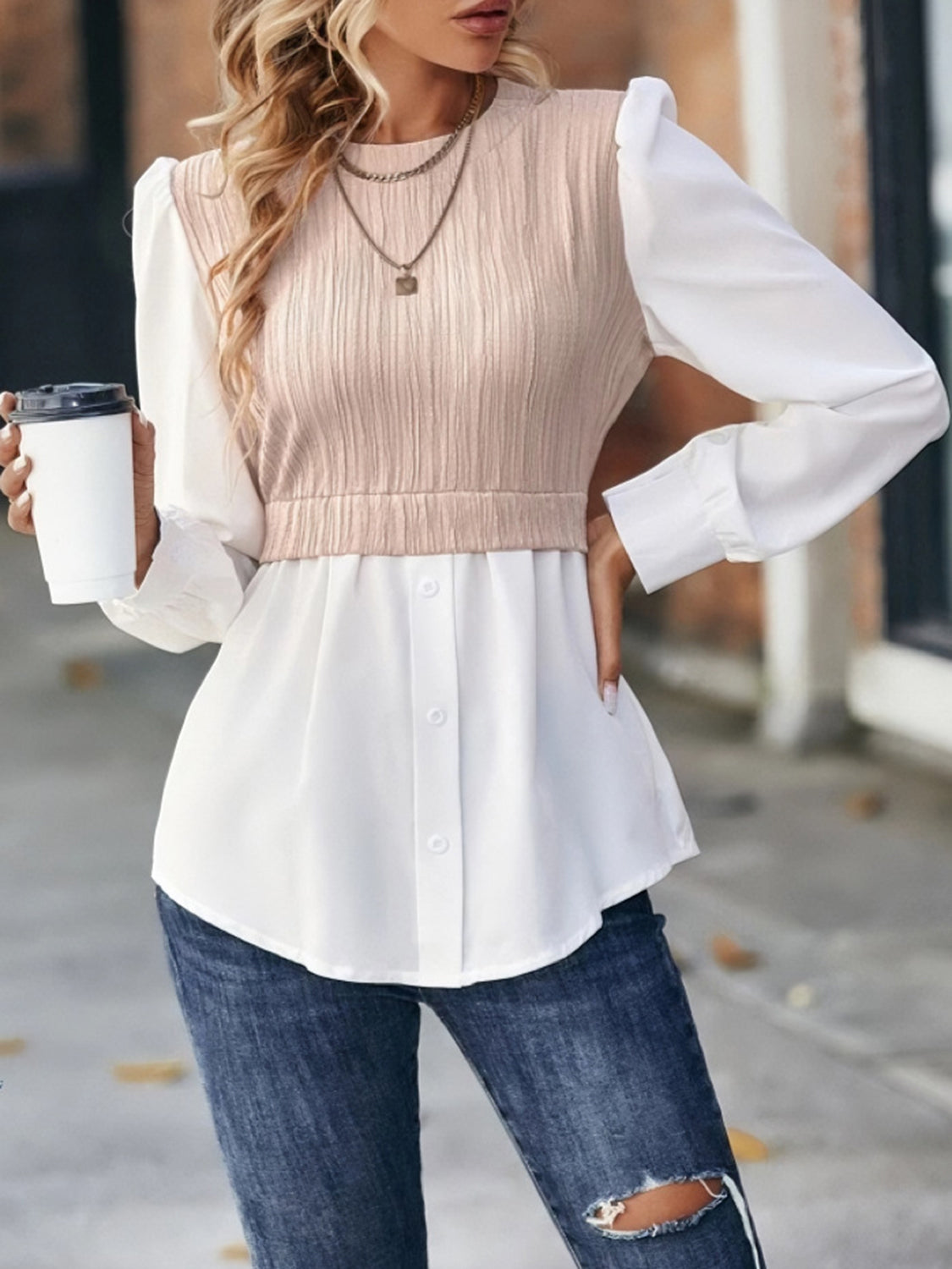 Contrast Round Neck Puff Sleeve Blouse - The Goddess Galleries