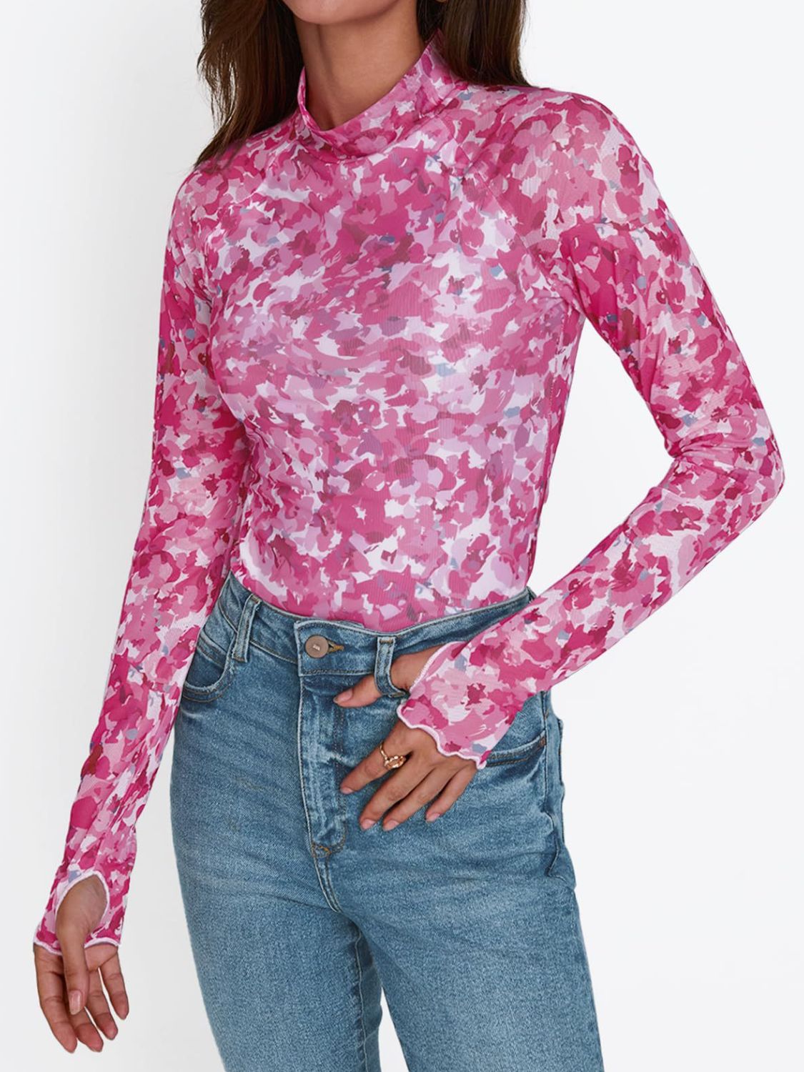 Floral Mock Neck Long Sleeve T-Shirt - The Goddess Galleries