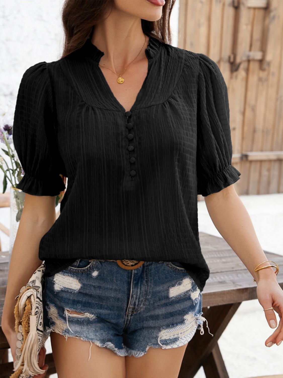 Devine Frill Notched Short Sleeve Blouse - The Goddess Galleries