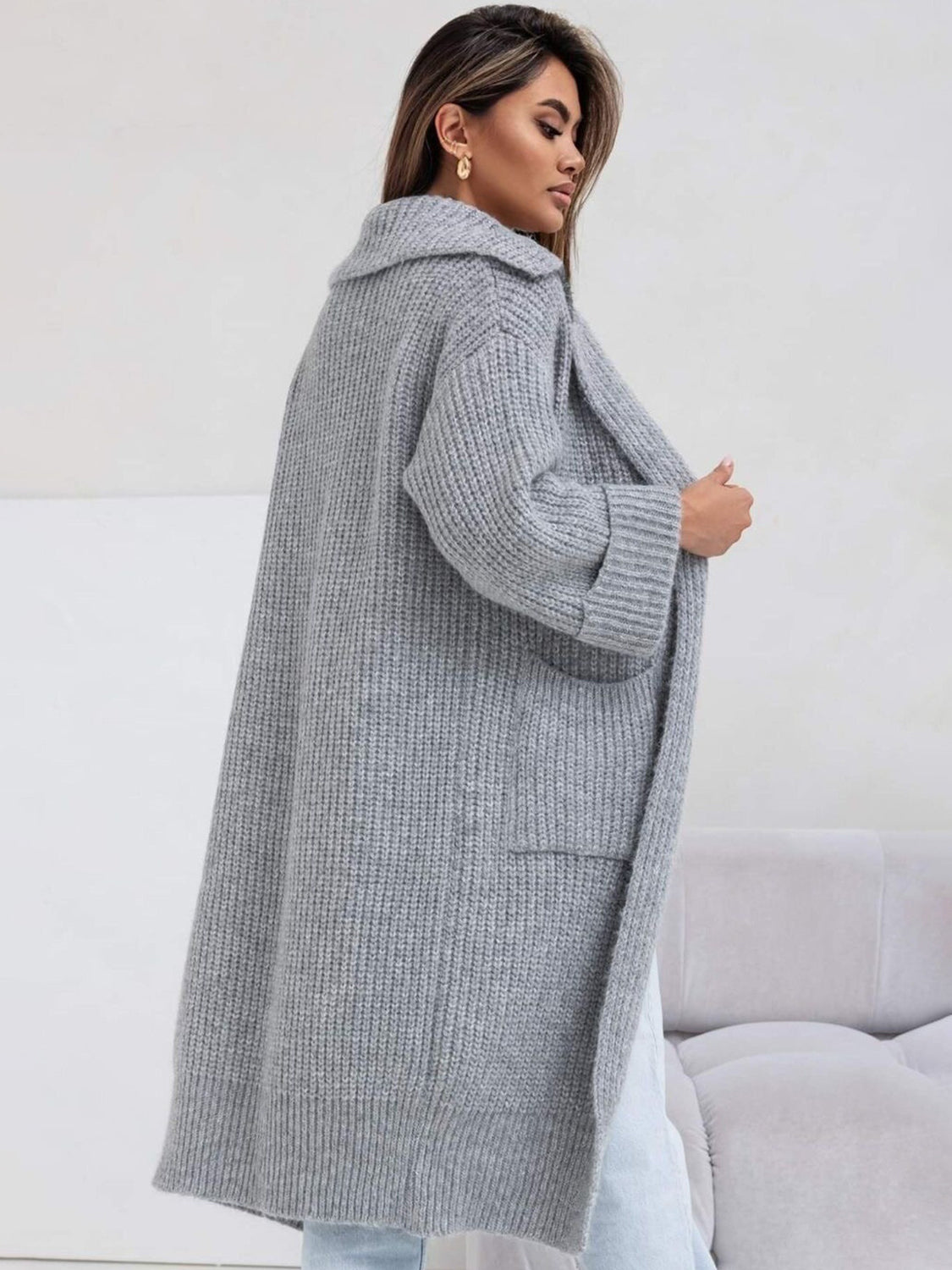 Pocketed Collared Neck Dropped Shoulder Cardigan - The Goddess Galleries
