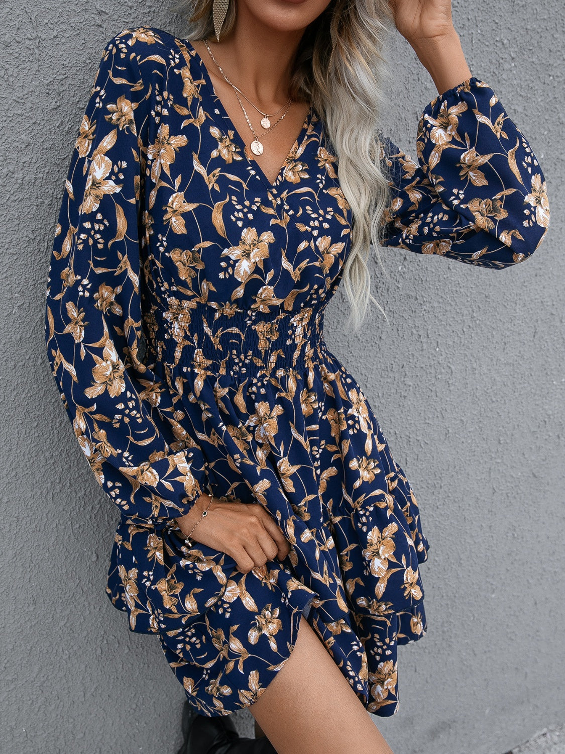Ivy Lane Floral Layered Surplice Balloon Sleeve Dress - The Goddess Galleries