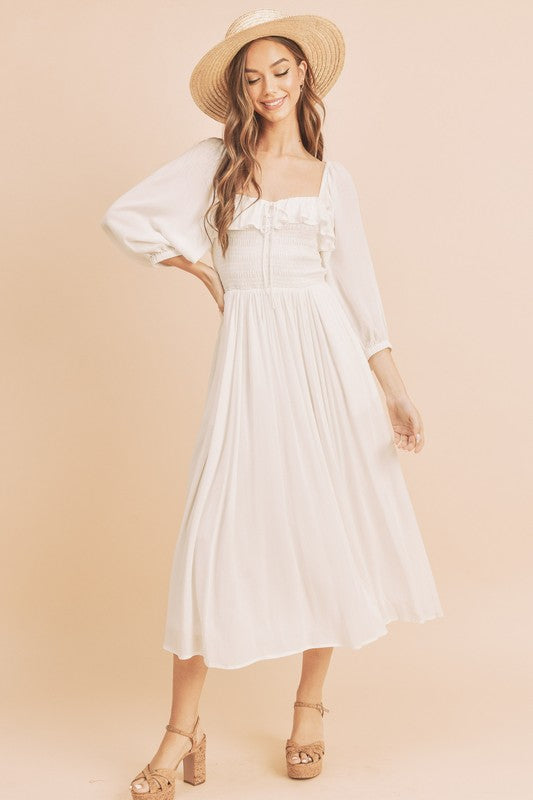 Aemi + Co Ruffled Smocked Square Neck Balloon Sleeve Dress - The Goddess Galleries