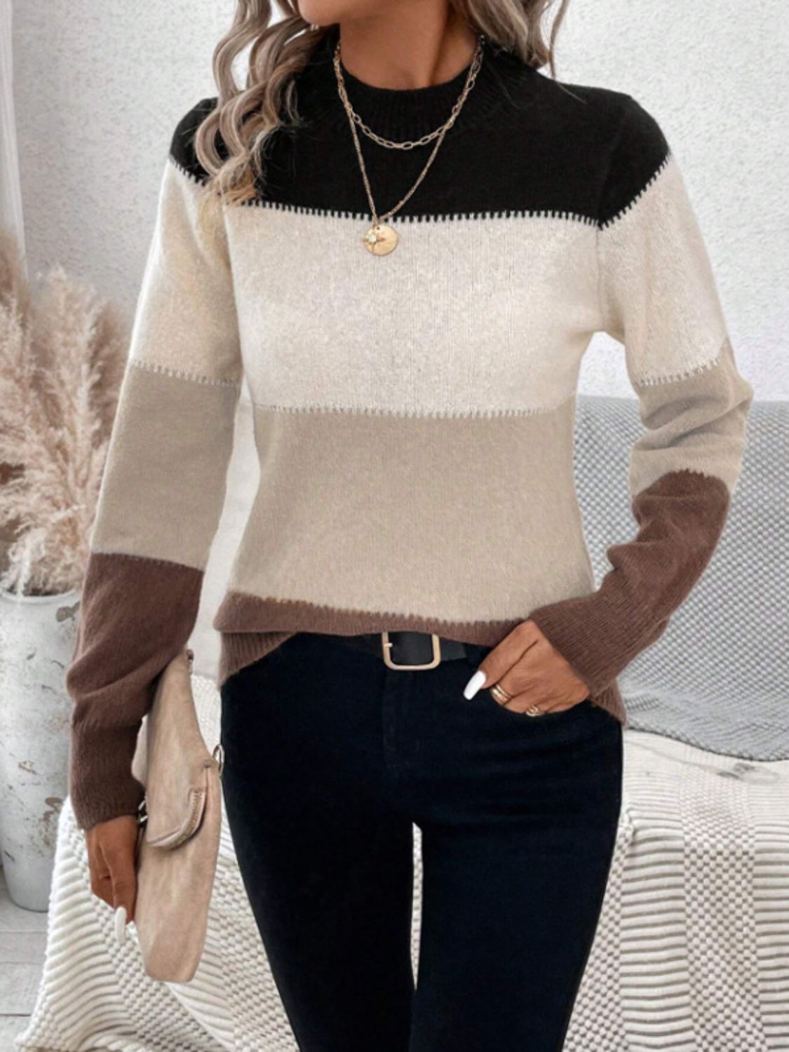 Color Block Mock Neck Long Sleeve Sweater - The Goddess Galleries