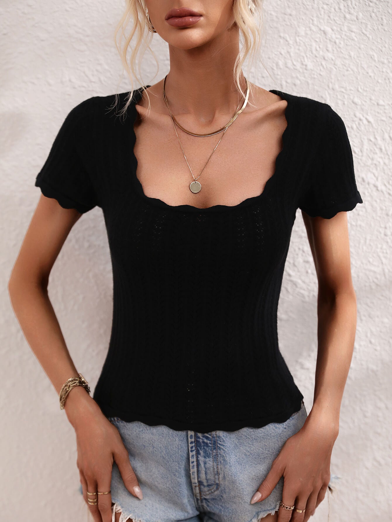 Scalloped Hem Square Neck Knit Top - The Goddess Galleries