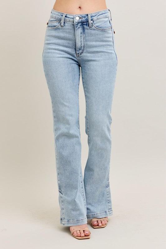 Judy Blue Full Size Tummy Control Vintage Wash Side Slit Slim Boot Jeans Plus Size - The Goddess Galleries