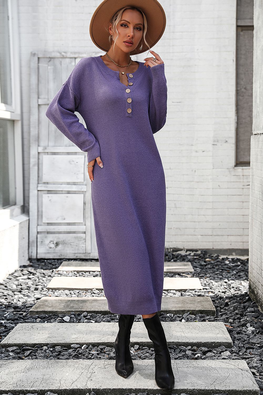 Decorative Button Notched Dropped Shoulder Sweater Dress - The Goddess Galleries