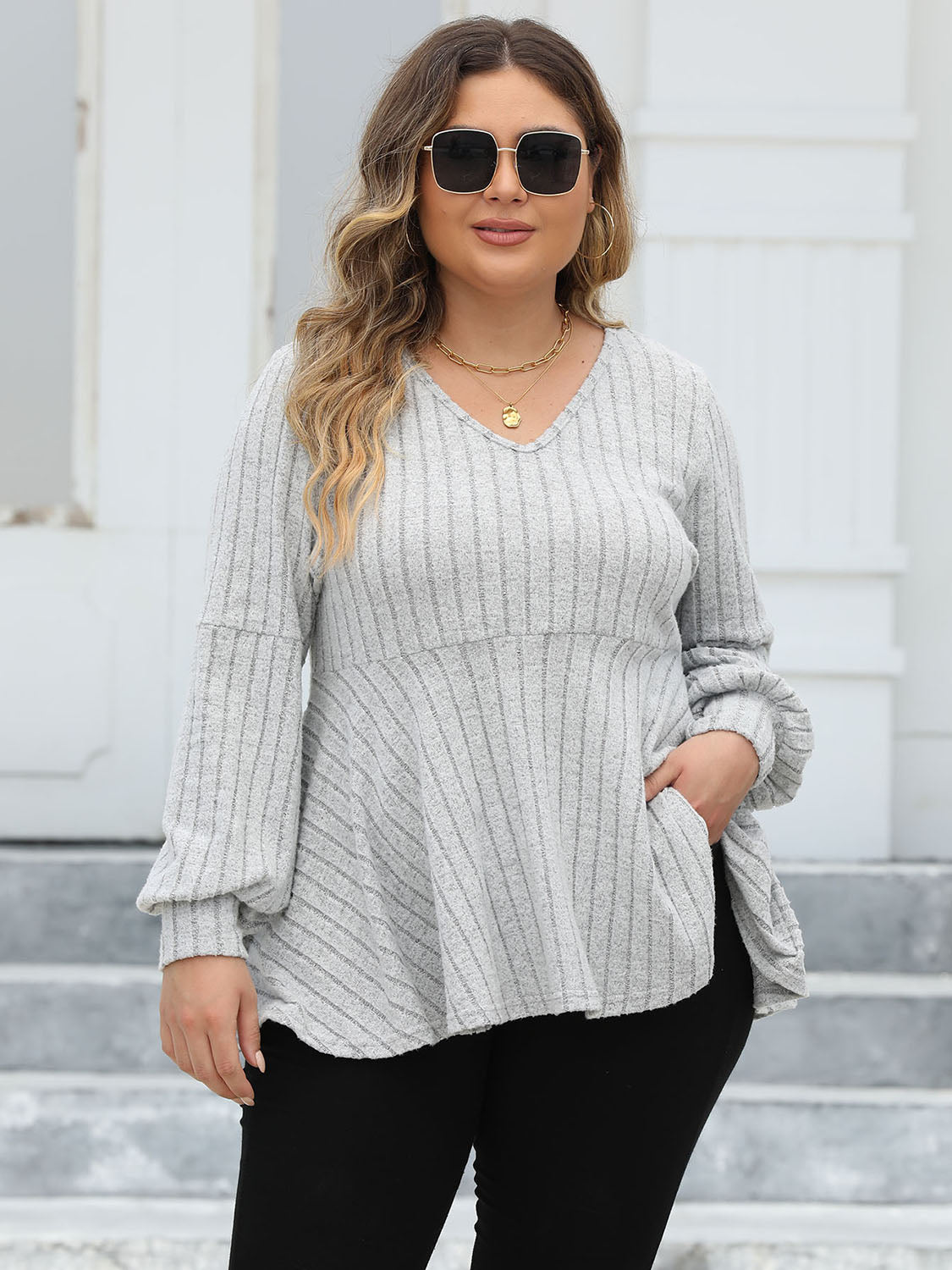 Plus Size Ribbed V-Neck Long Sleeve Blouse - The Goddess Galleries