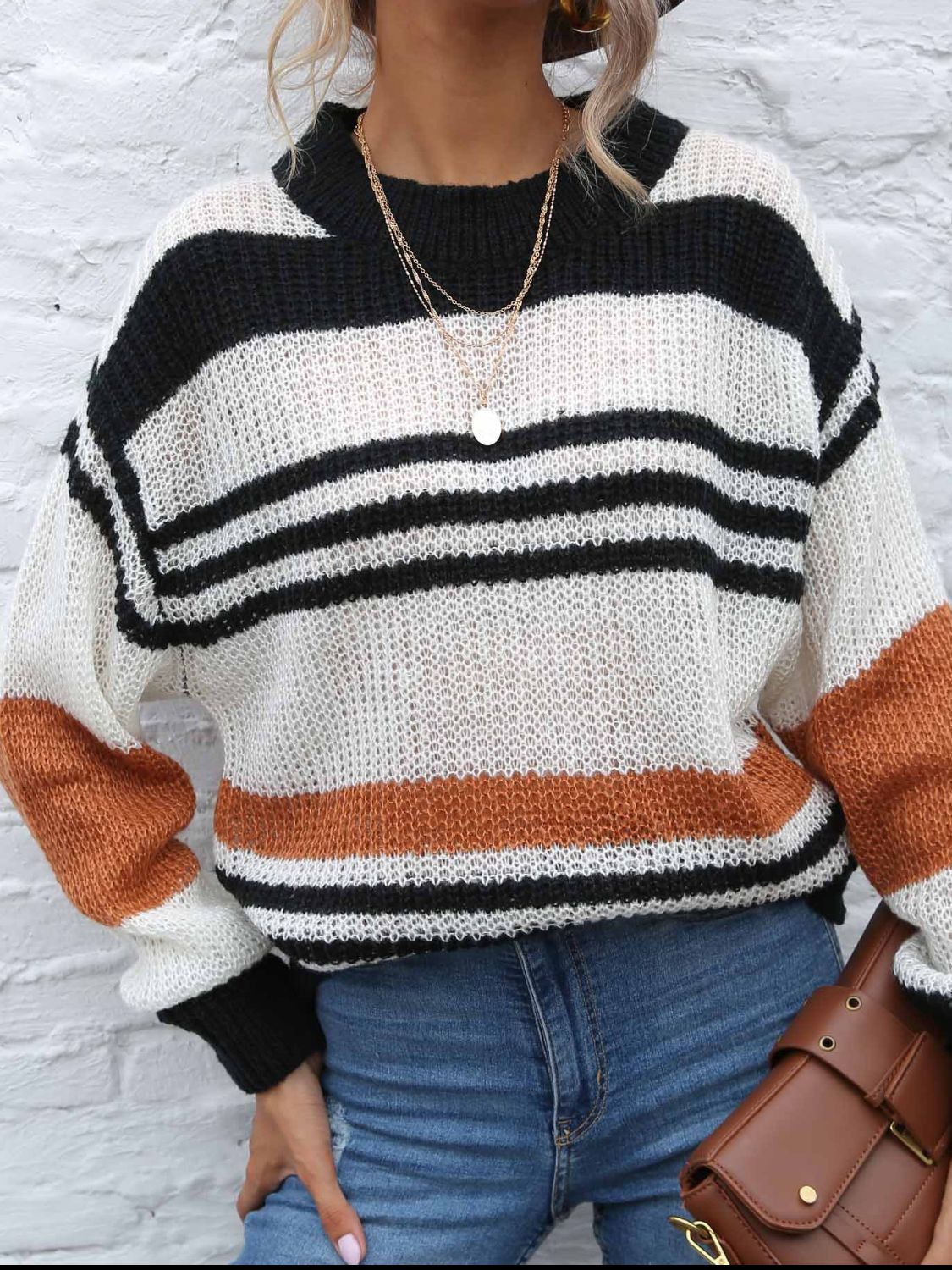 Contrast Striped Round Neck Long Sleeve Sweater - The Goddess Galleries