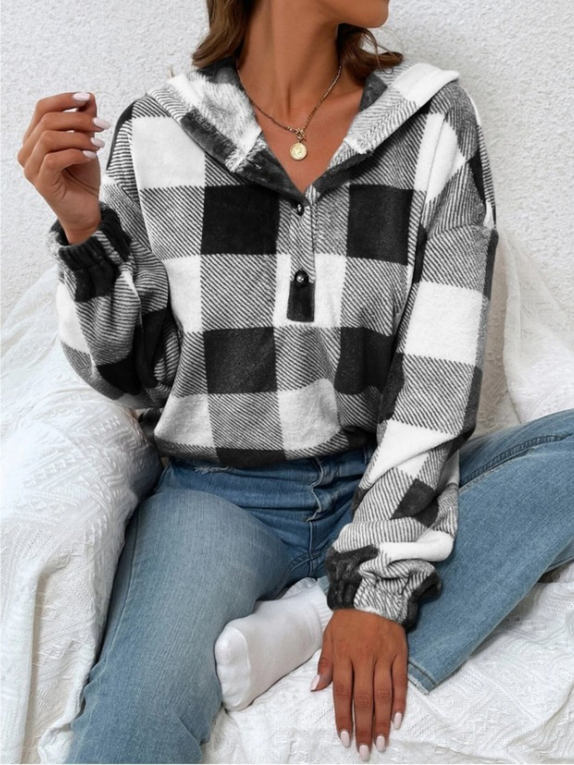 Plaid Half Button Long Sleeve Hoodie - The Goddess Galleries