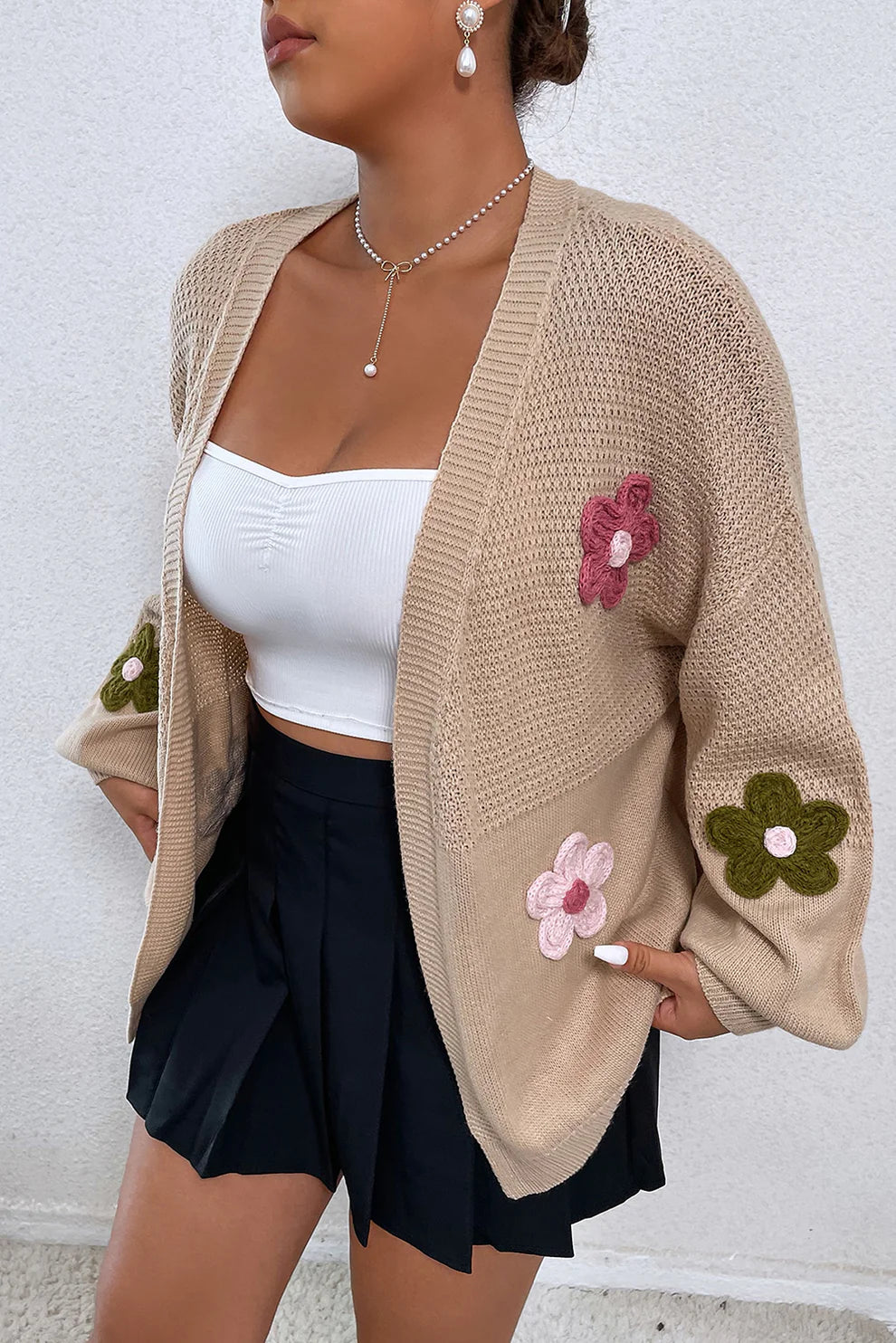 Floral Applique Drop Shoulder Open Front Cardigan - The Goddess Galleries