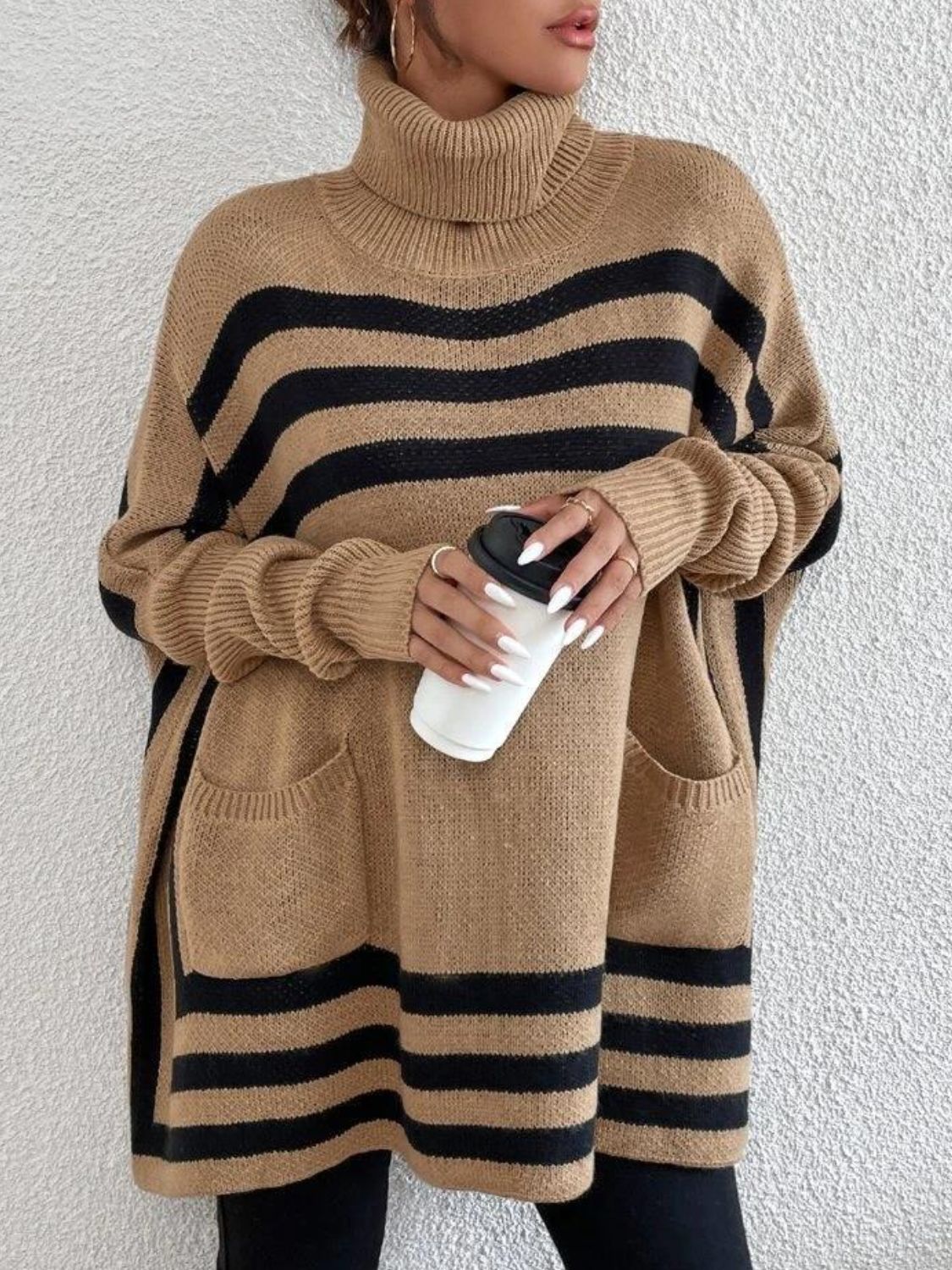 Striped Turtleneck Batwing Sleeve Sweater with Pockets - The Goddess Galleries