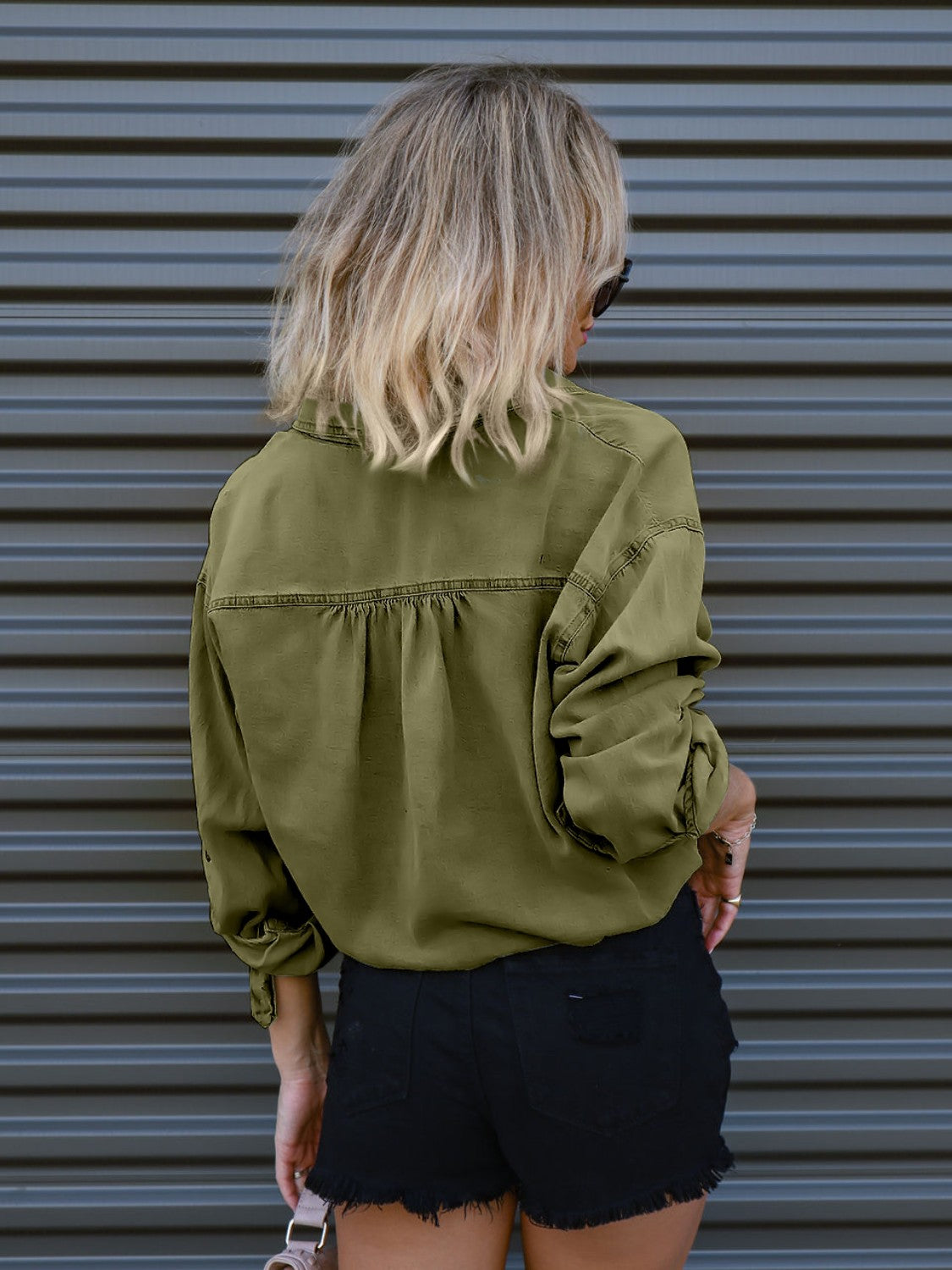 Drawstring Pocketed Button Up Denim Top - The Goddess Galleries