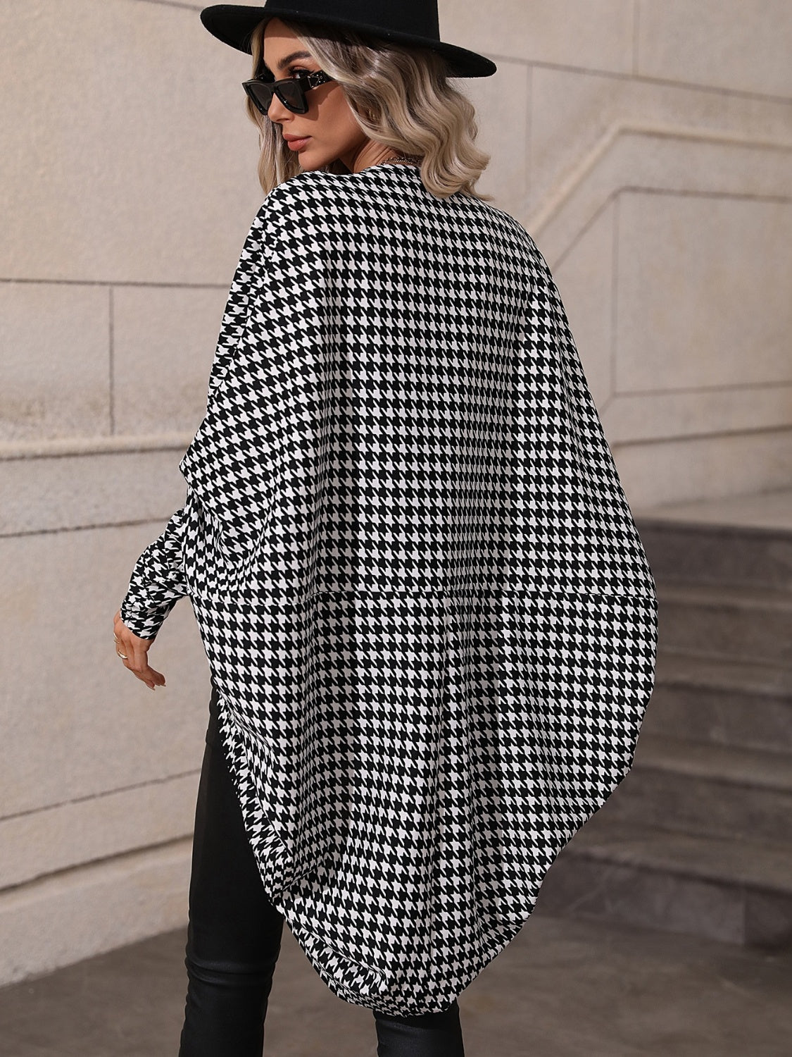 Houndstooth Open Front Batwing Sleeve Cardigan - The Goddess Galleries