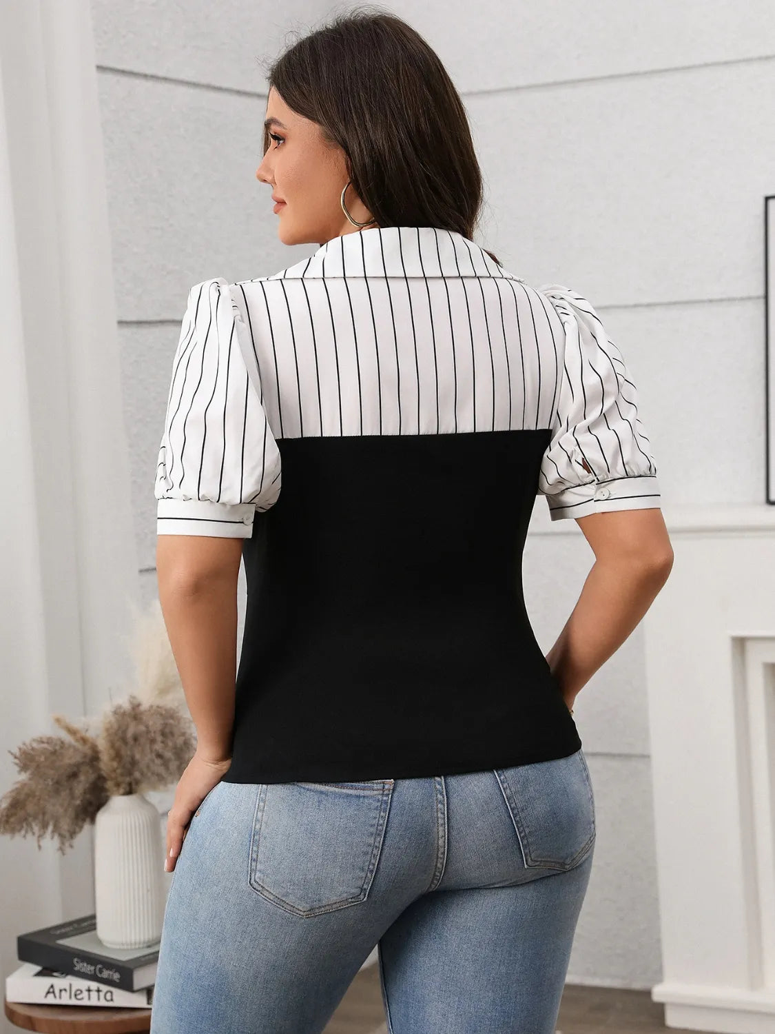 Plus Size Striped Johnny Collar Short Sleeve Blouse - The Goddess Galleries