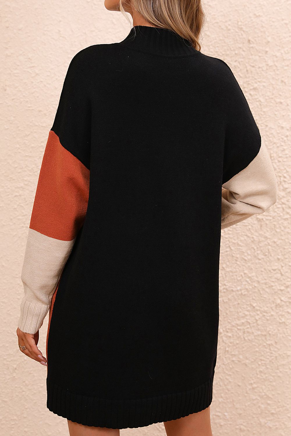 Color Block Mock Neck Dropped Shoulder Sweater Dress - The Goddess Galleries