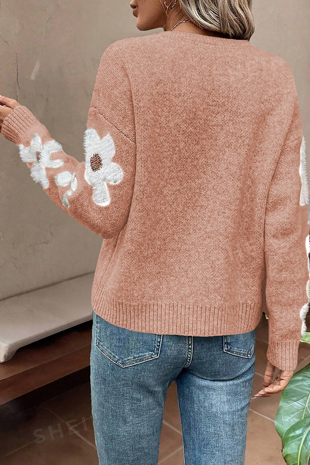Flower Round Neck Long Sleeve Sweater - The Goddess Galleries