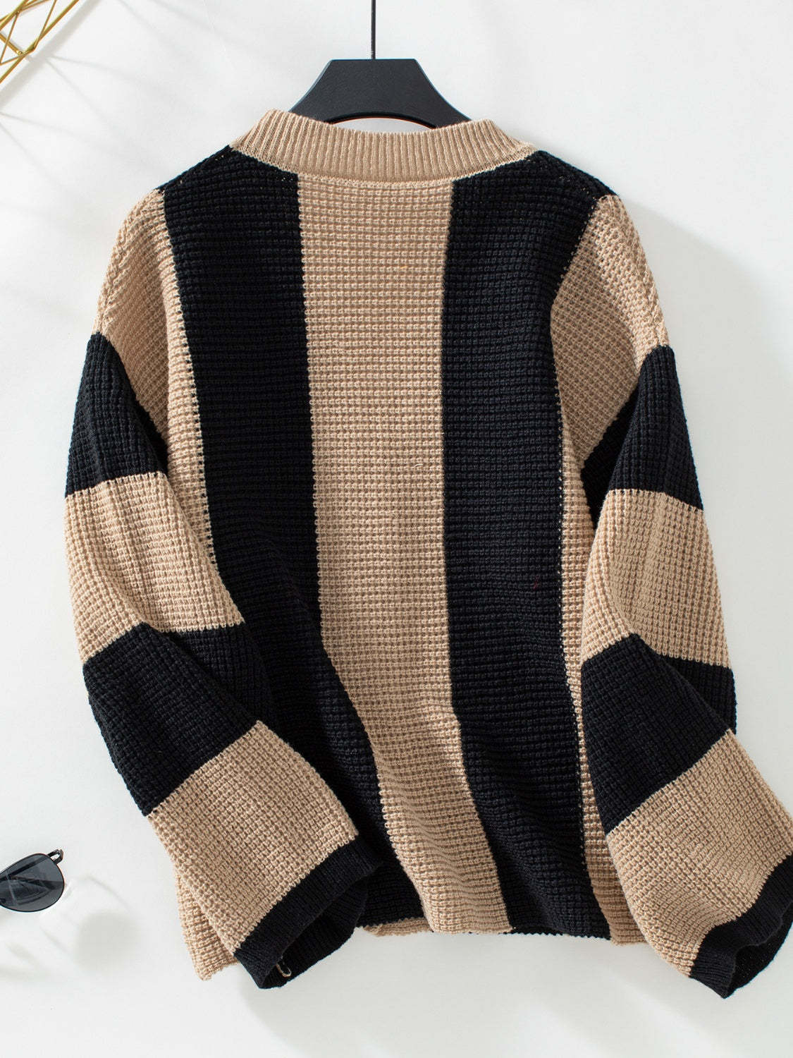 Waffle-Knit V-Neck Striped Long Sleeve Cardigan - The Goddess Galleries