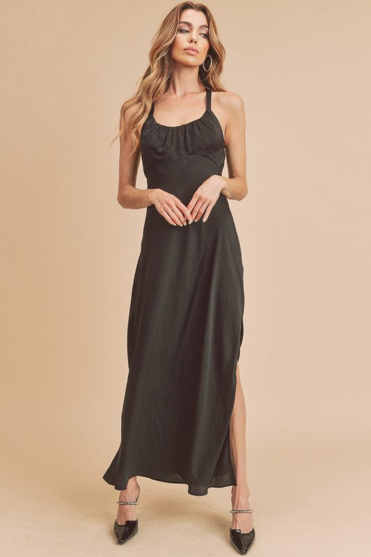 Aemi + Co Ruched Side Slit Cutout Back Maxi Cami Dress - The Goddess Galleries