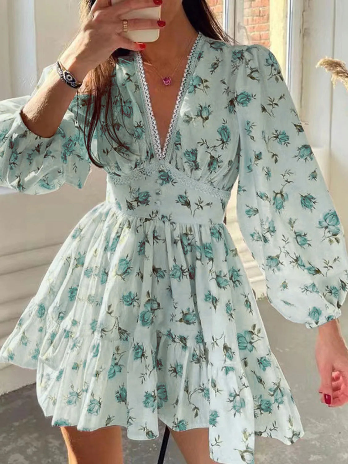 Lace Detail V-Neck Balloon Sleeve Dress - The Goddess Galleries