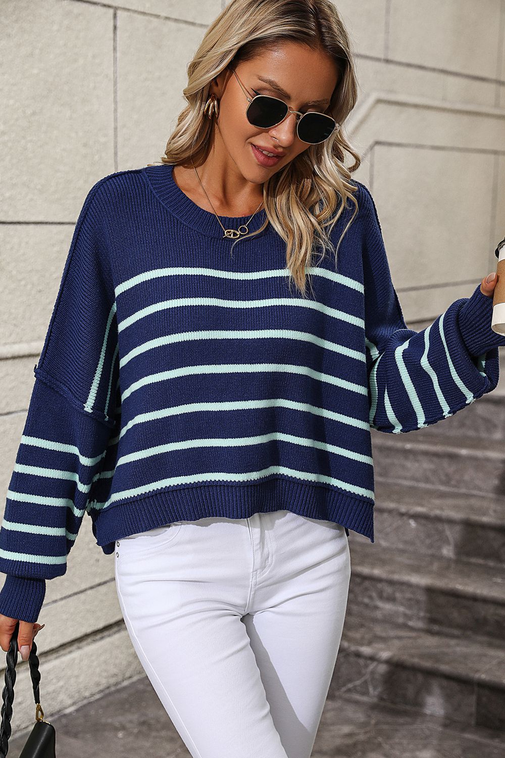 Striped Dropped Shoulder Round Neck Pullover Sweater - The Goddess Galleries