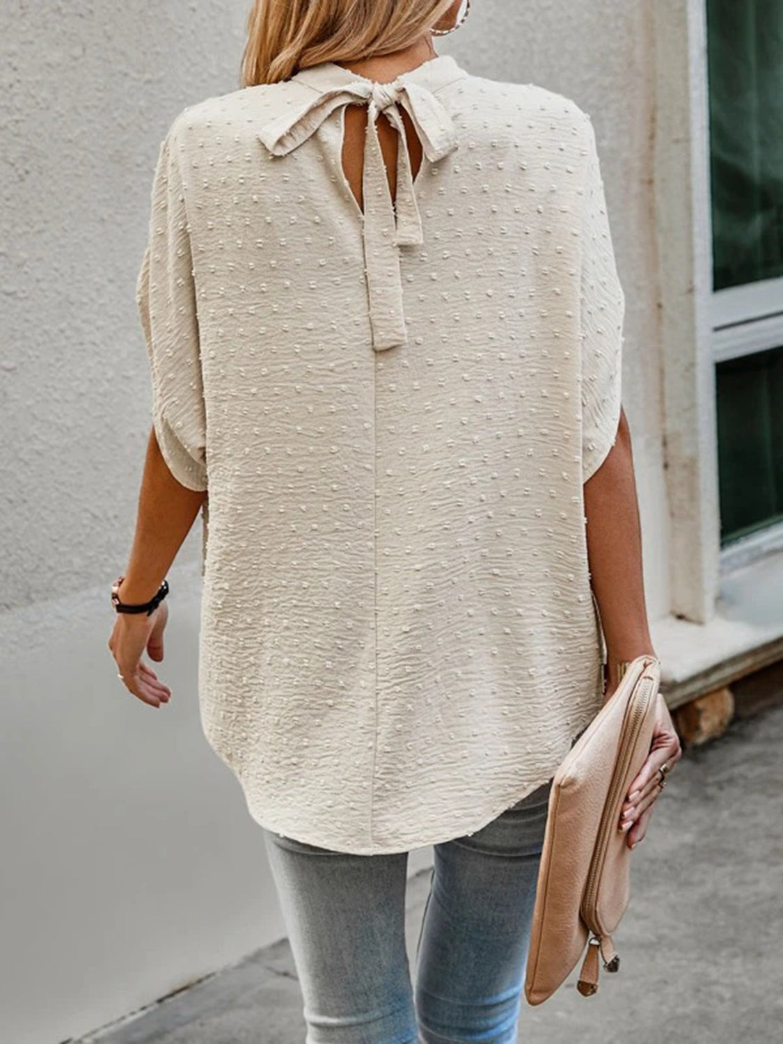 Swiss Dot Mock Neck Half Sleeve Blouse - The Goddess Galleries