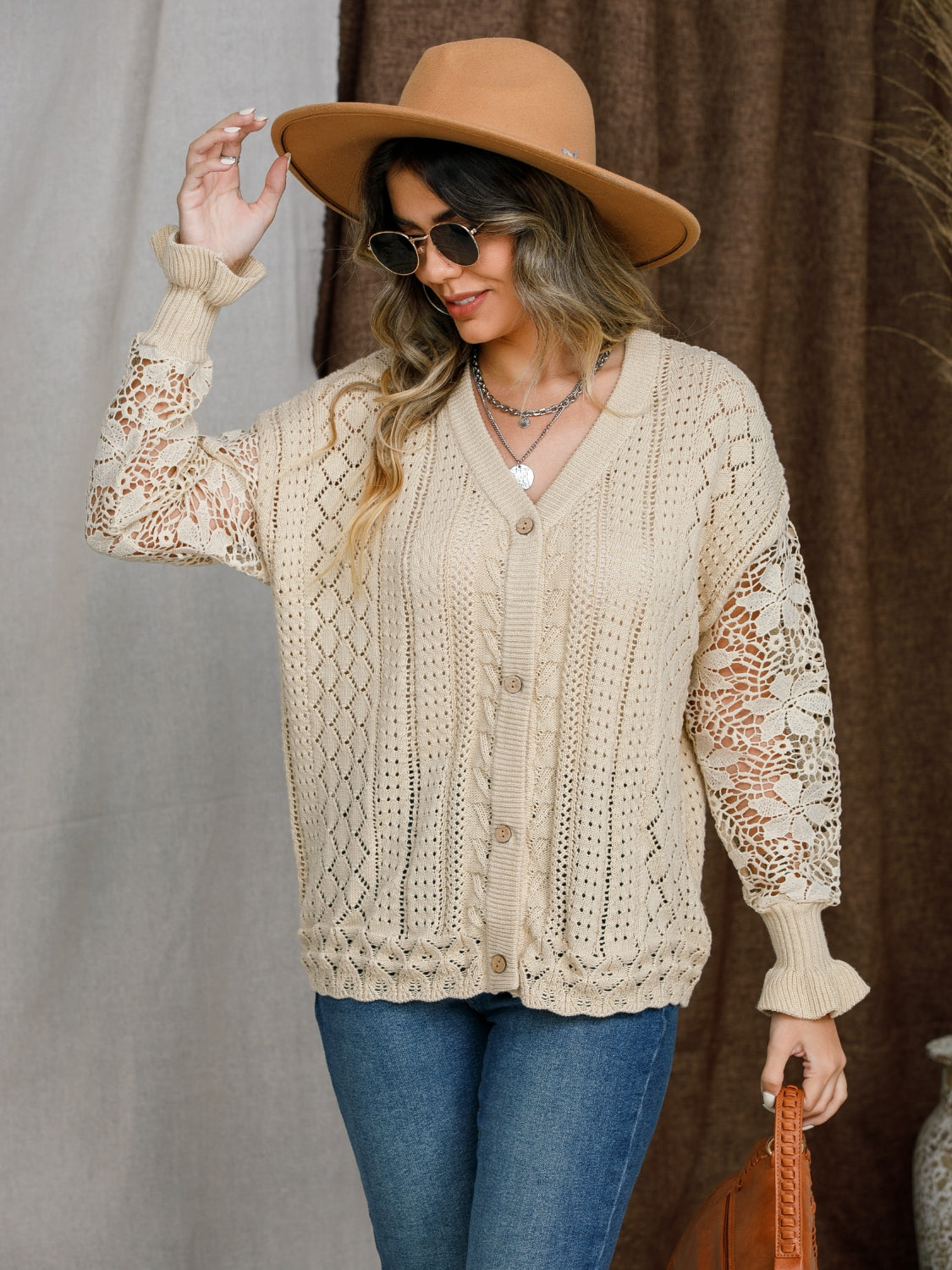 Eyelet Button Up Lantern Sleeve Cardigan - The Goddess Galleries
