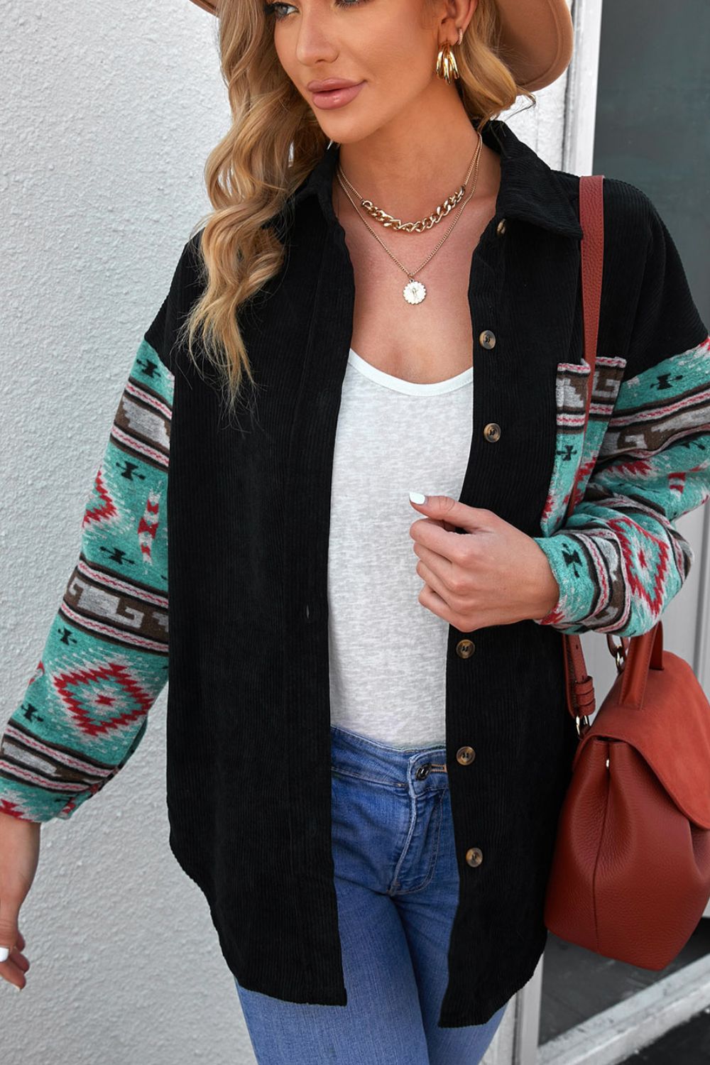 Pocketed Geometric Collared Neck Shacket - The Goddess Galleries