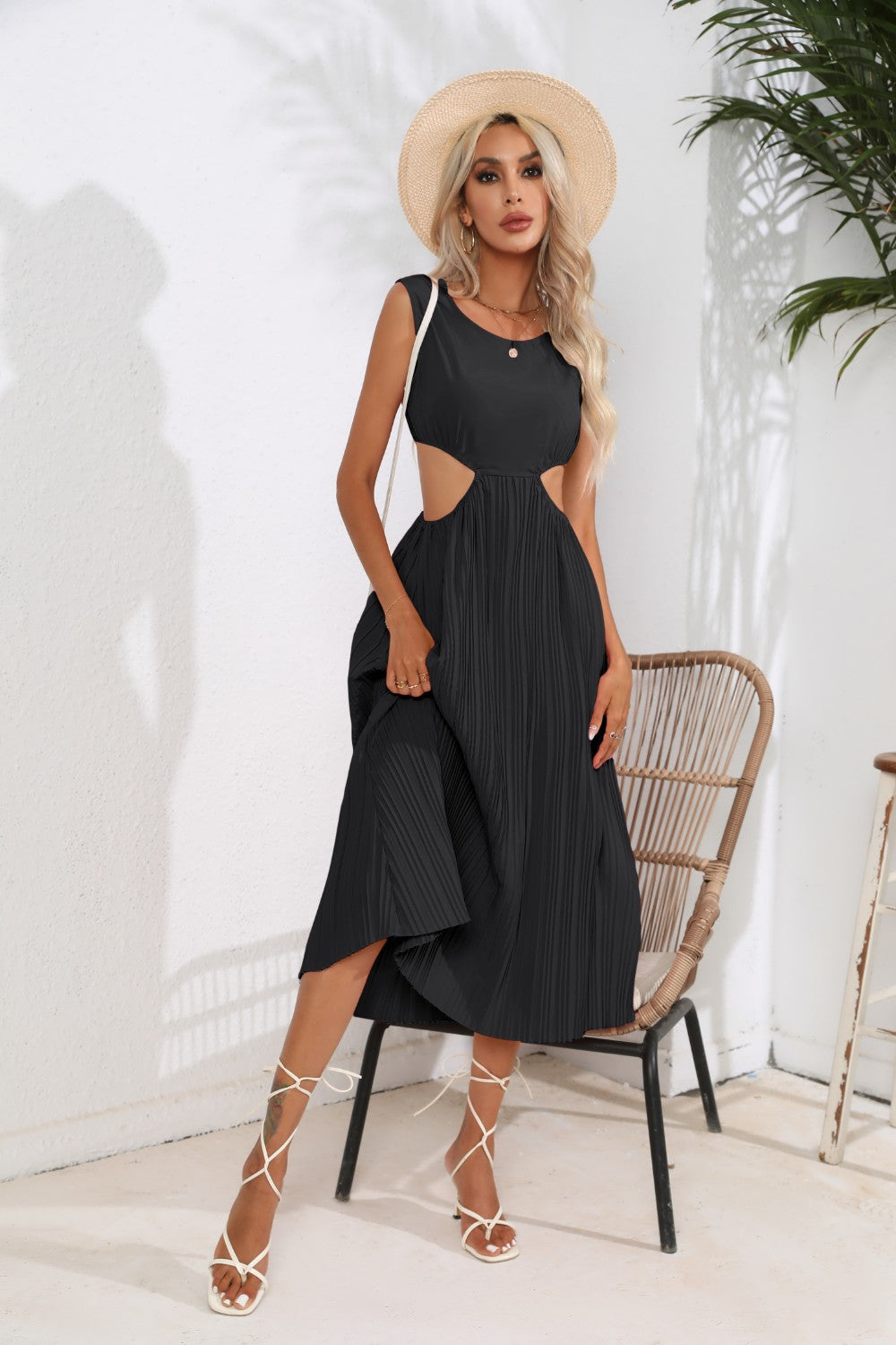 Cutout Ruched Round Neck Tank Dress - The Goddess Galleries