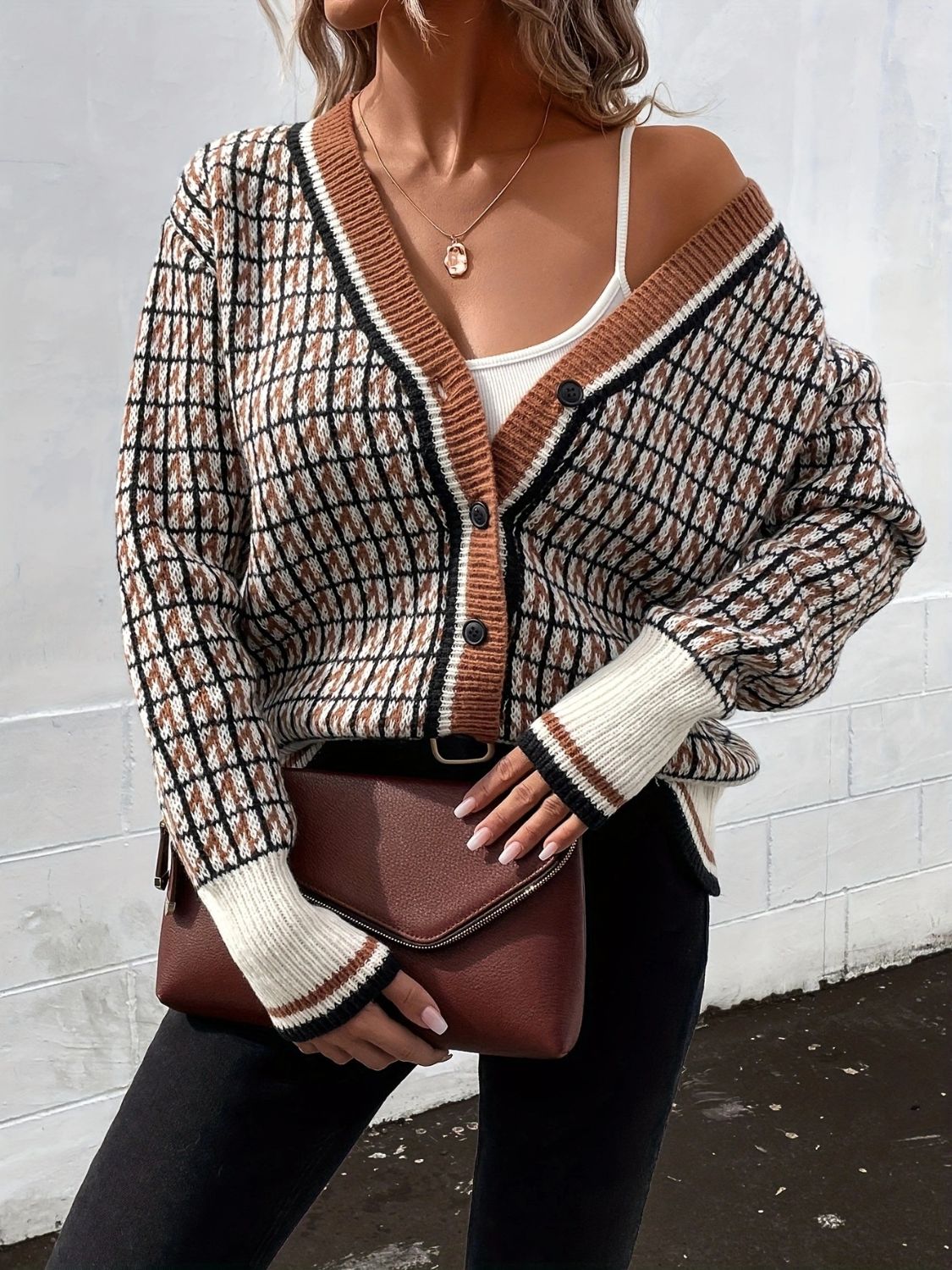 Plaid V-Neck Button Up Cardigan - The Goddess Galleries