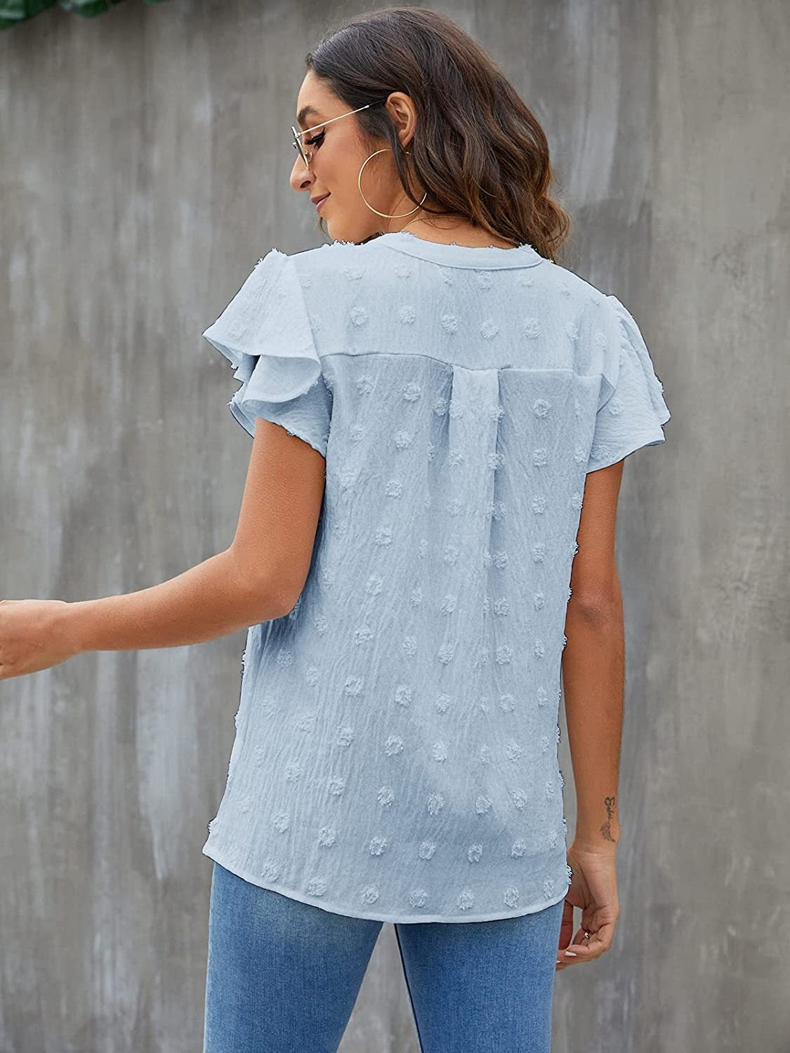 Swiss Dot Notched Flutter Sleeve Blouse - The Goddess Galleries