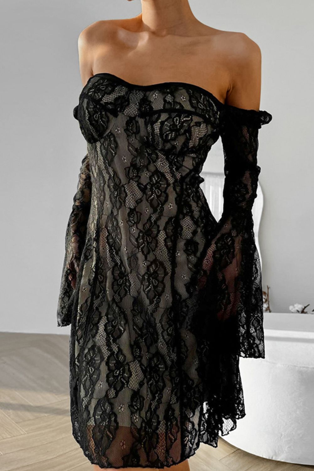 Lace Sweetheart Neck Flare Sleeve Mini Dress - The Goddess Galleries