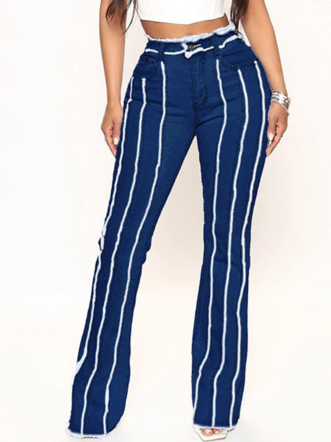 Striped Raw Hem Jeans - The Goddess Galleries