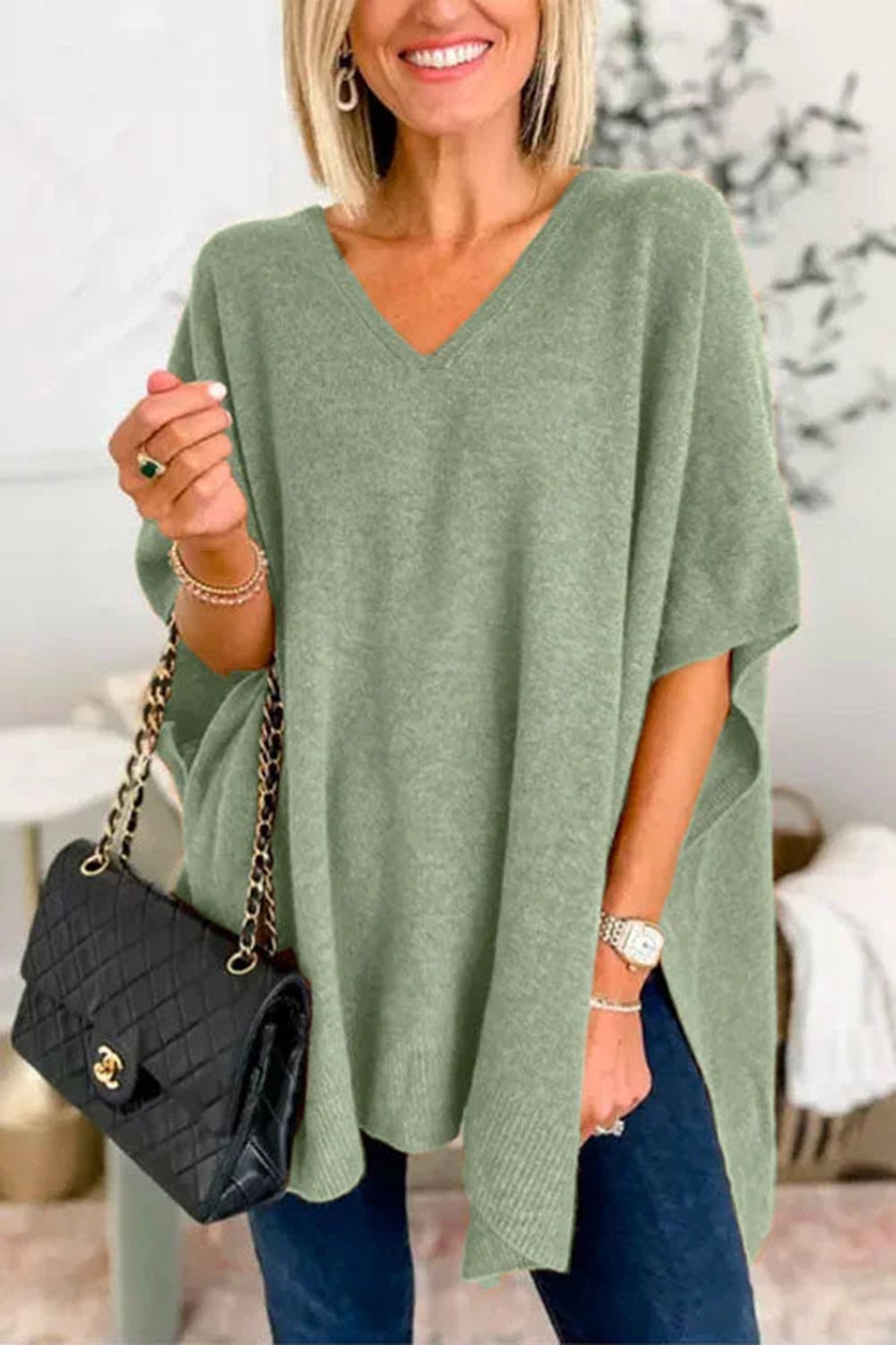 Slit V-Neck Half Sleeve Knit Top - The Goddess Galleries