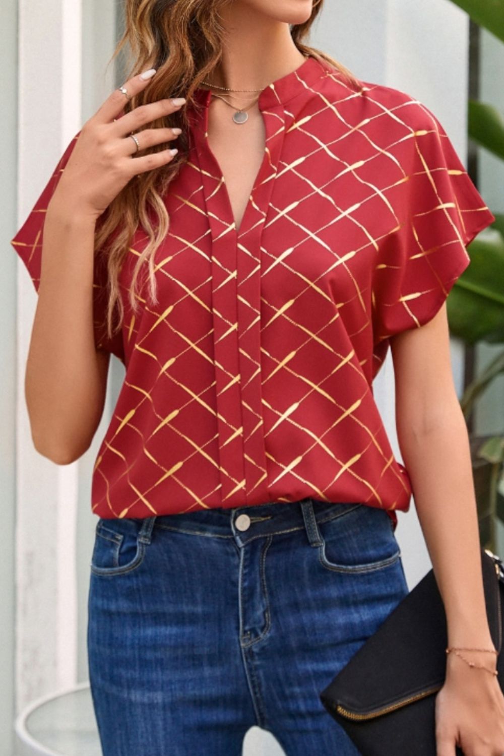 Printed Notched Short Sleeve Blouse - The Goddess Galleries