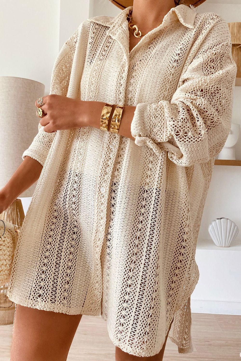 Lace Crochet Collared Neck Oversized Shirt - The Goddess Galleries