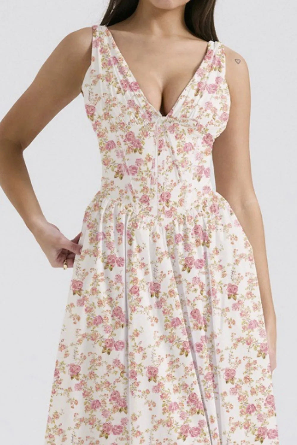 Floral V-Neck Sleeveless Midi Dress with Pockets - The Goddess Galleries