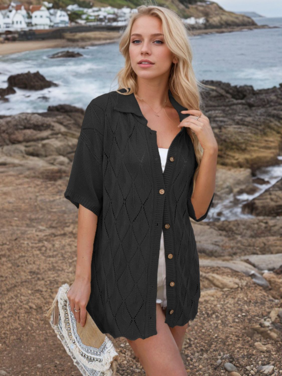 Button Down Eyelet Collared Neck Knit Shirt - The Goddess Galleries