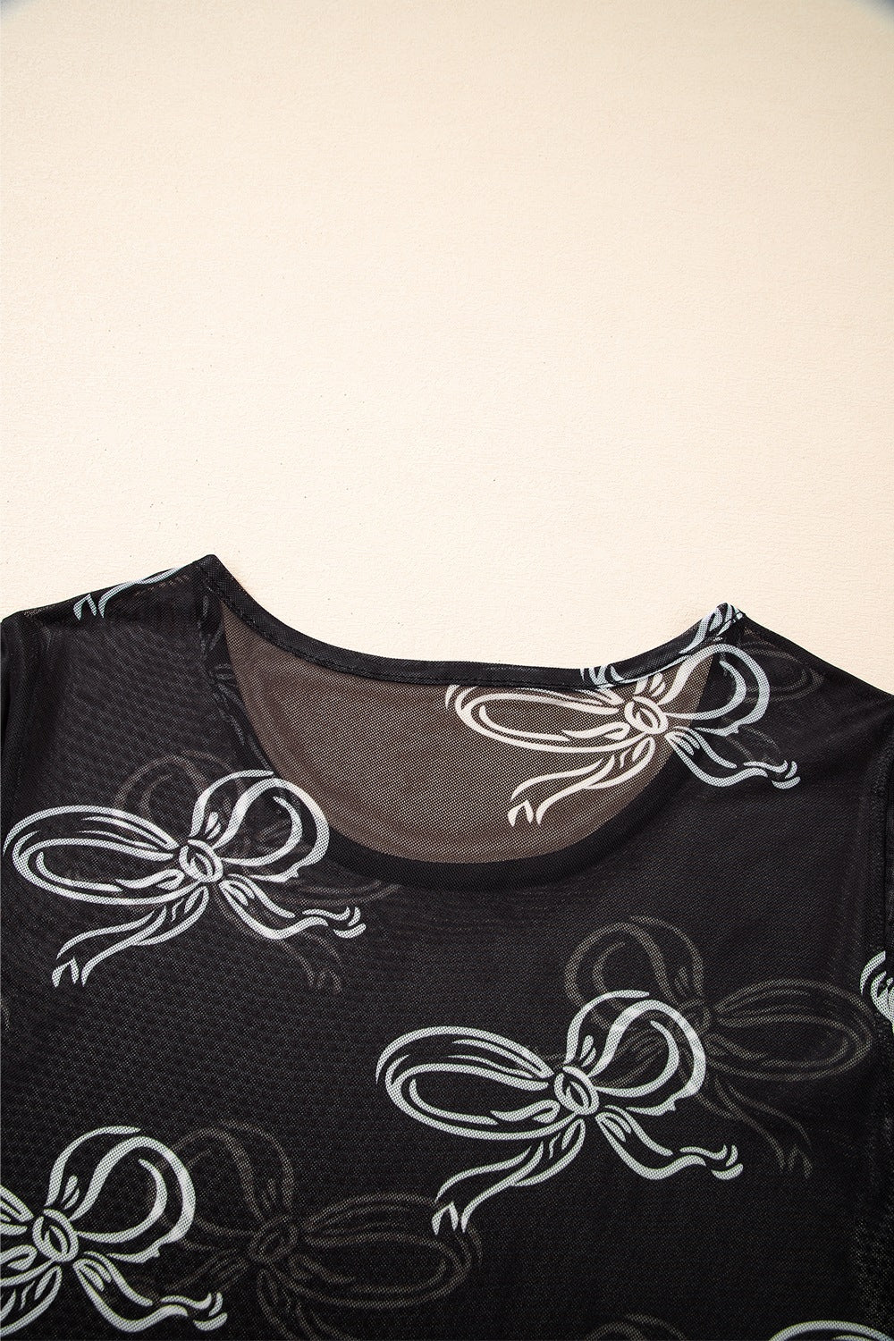 Bow Mesh Round Neck Short Sleeve T-Shirt - The Goddess Galleries