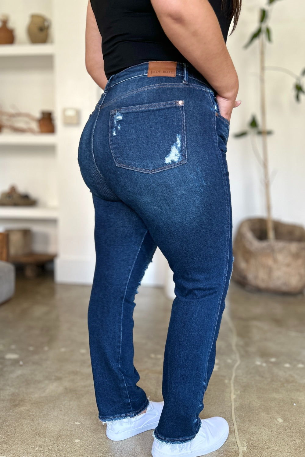Judy Blue Full Size High Waist Rigid Magic Heavy Destroy Straight Jeans - The Goddess Galleries