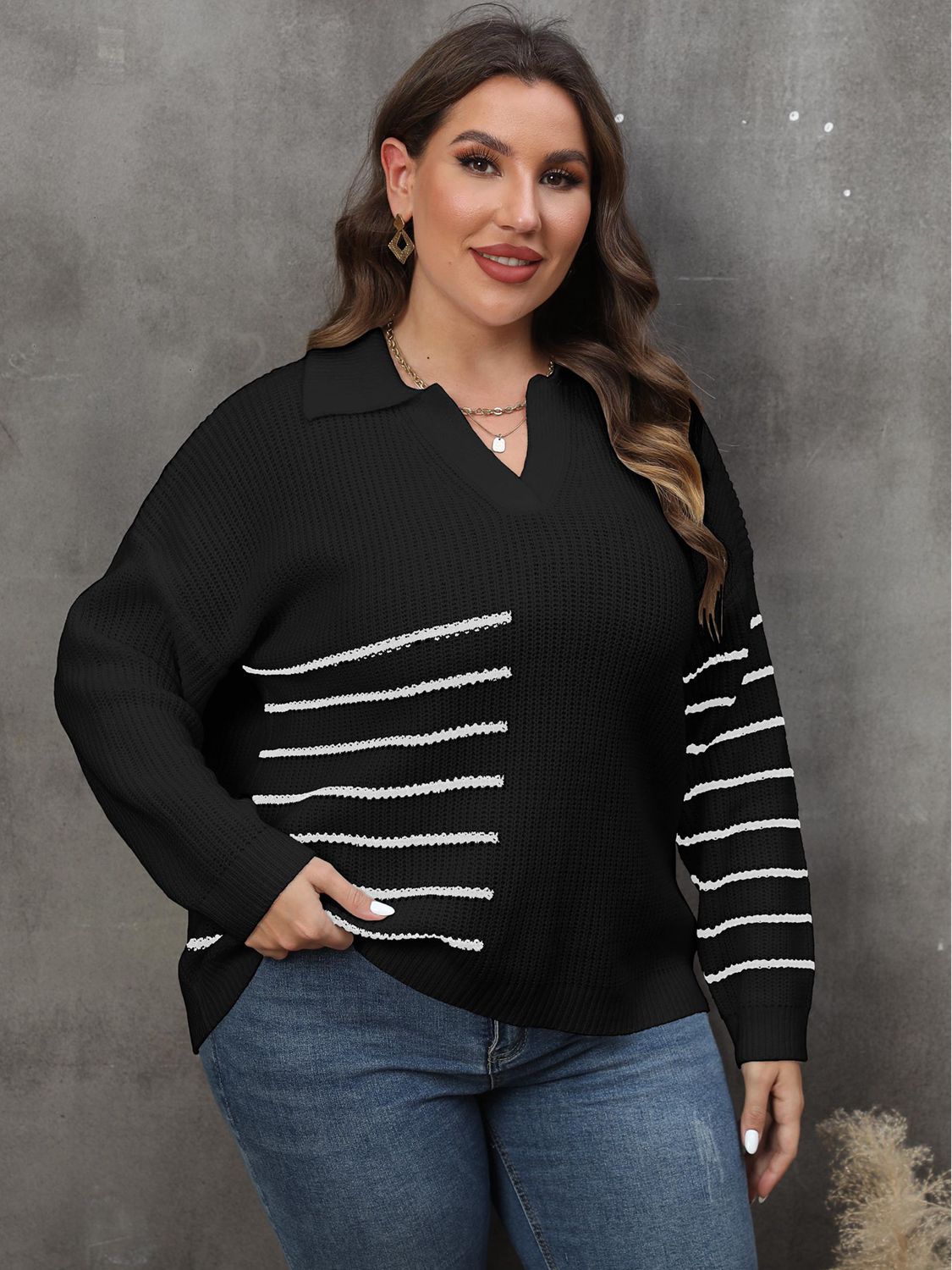 Plus Size Striped V-Neck Sweater - The Goddess Galleries