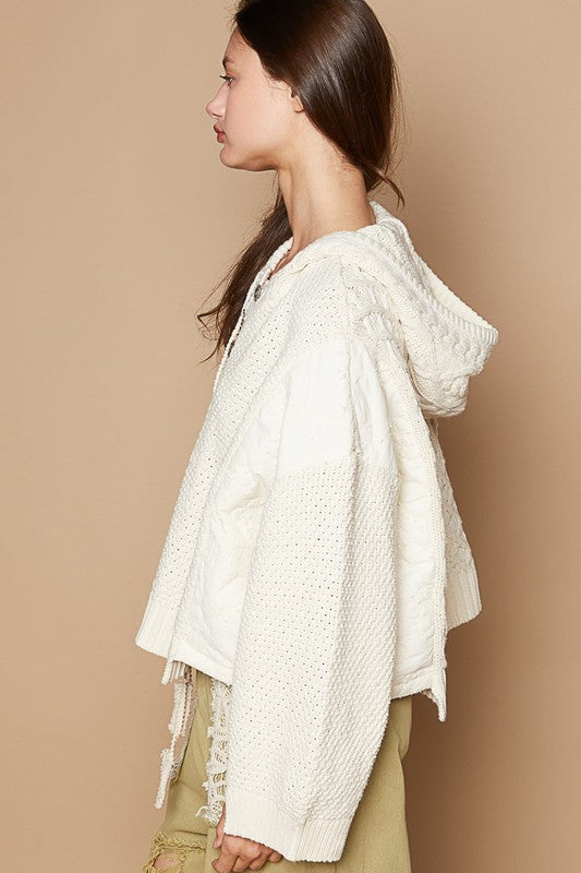 POL Cable-Knit Quarter Button Hooded Sweater - The Goddess Galleries