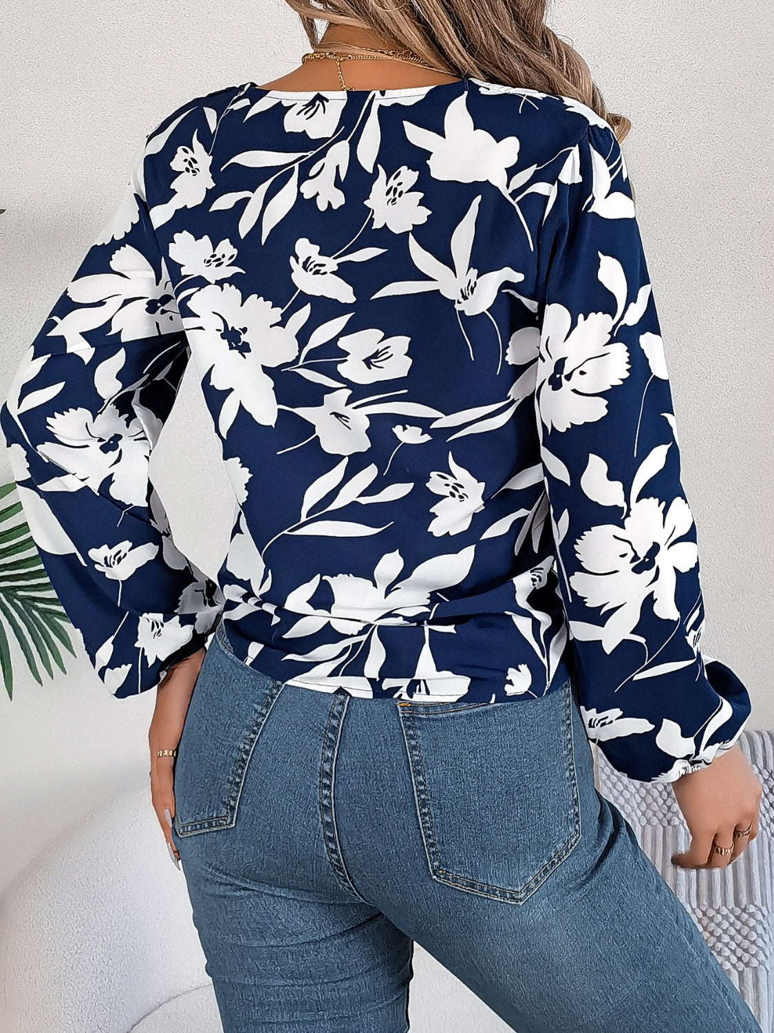 Printed V-Neck Long Sleeve Blouse - The Goddess Galleries