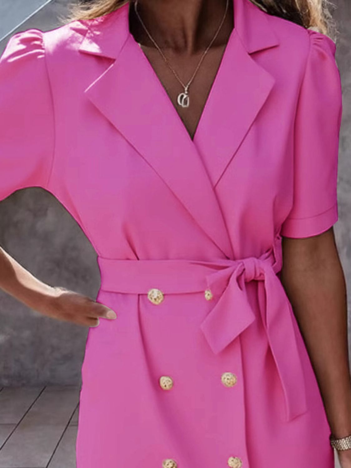 Lapel Collar Short Sleeve Tie Waist Mini Dress - The Goddess Galleries