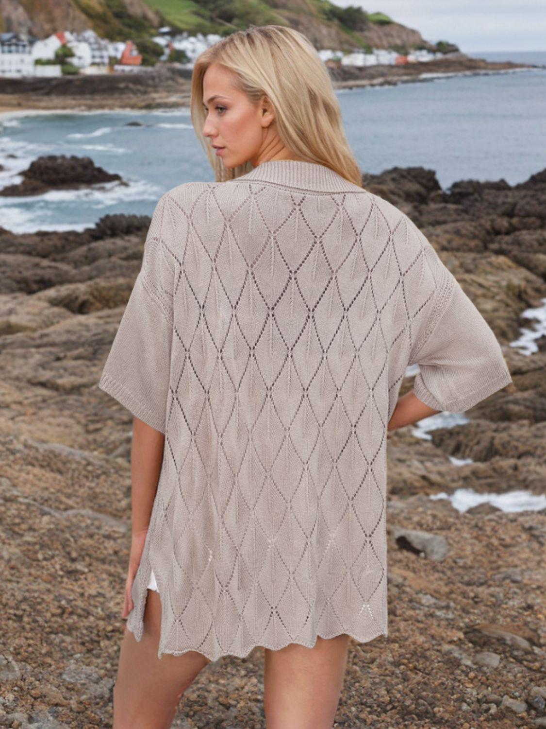 Button Down Eyelet Collared Neck Knit Shirt - The Goddess Galleries